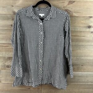 J Jill Womens Shirt Long Sleeve Button Up Gingham Plaid Black White Petite Small